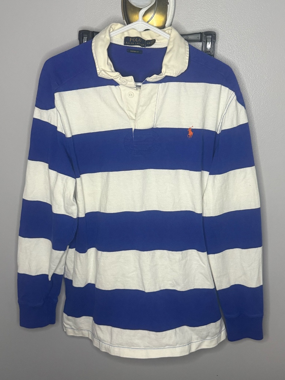 Polo Ralph Lauren Custom Fit Cotton Striped Elbow Patch Rugby Polo Shirt L